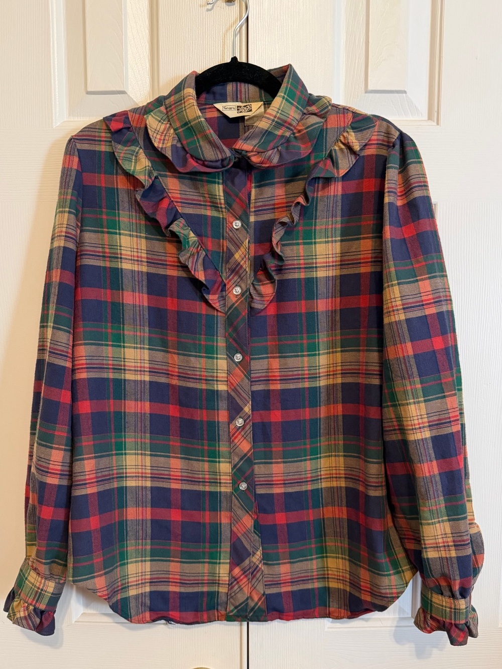 Vintage 70's Plaid Ruffle Collar Women's L Button Up Cotton Blouse - Picture 2 of 11